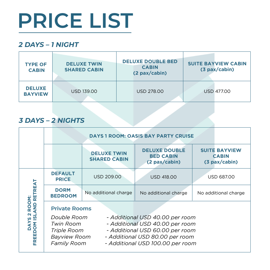 Oasis Bay Party Cruise Price List