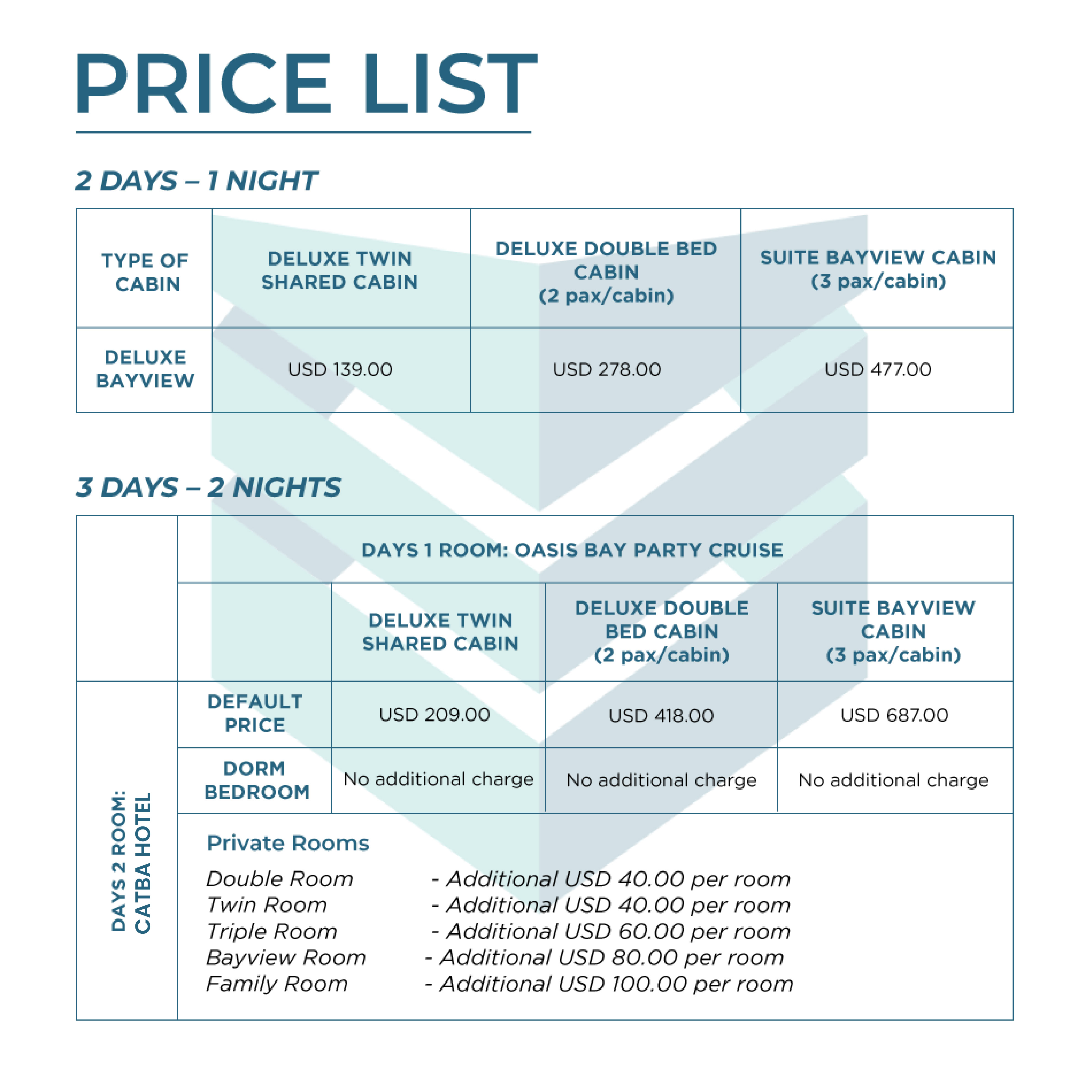 Oasis Bay Party Cruise Price List